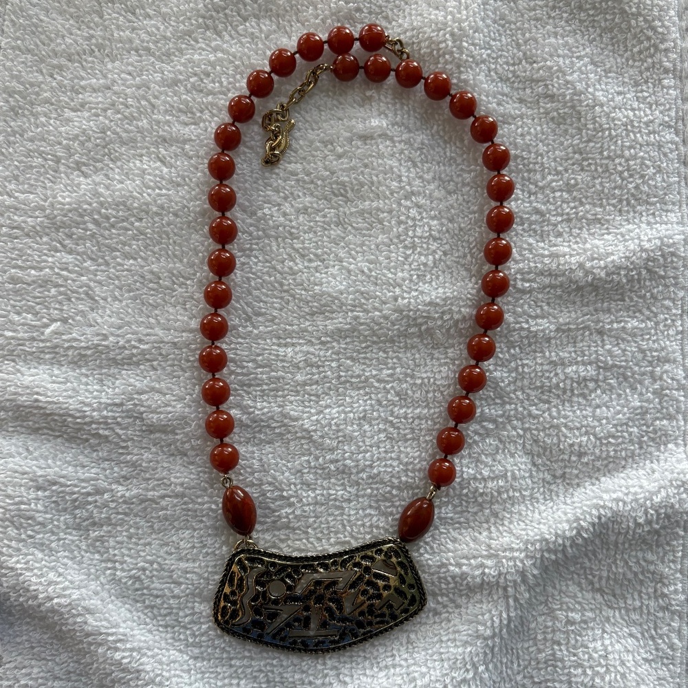 Vintage Sarah Coventry Carnelian Bead Choker with Tribal Pendant, 1960s